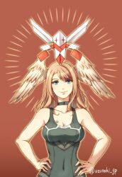 Rule 34 | 1girl, bare arms, bare shoulders, black bodysuit, black choker, blue eyes, bodysuit, breasts, brown background, brown hair, brown wings, choker, cleavage, closed mouth, collarbone, commentary request, covered navel, eunie (xenoblade), feathered wings, hands on own hips, head wings, highres, mondo (xenoblade 3), long hair, medium breasts, origami, parted bangs, simple background, smile, solo, twitter username, upper body, uzumaki (skydirt), wings, xenoblade chronicles (series), xenoblade chronicles 3