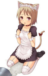 Rule 34 | 1girl, :o, animal ears, blush, brown hair, cat ears, cat tail, choker, collarbone, garter straps, hashi, looking at viewer, maid, maid headdress, original, puffy short sleeves, puffy sleeves, raised eyebrows, red eyes, ribbon choker, short hair, short sleeves, sitting, solo, tail, thighhighs, white thighhighs, wrist cuffs