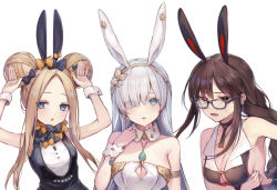 Rule 34 | 3girls, abigail williams (fate), akuta hinako, anastasia (fate), animal ears, aqua eyes, bad id, bad pixiv id, bare arms, bare shoulders, blonde hair, blue eyes, bow, breasts, brown hair, cleavage, collarbone, commentary, detached collar, double bun, ear piercing, eyes visible through hair, fake animal ears, fate/grand order, fate (series), forehead, glasses, hair bow, hair bun, hair ornament, hands up, leotard, long bangs, long hair, looking at viewer, lower teeth only, medium breasts, multiple girls, multiple hair bows, nontraditional playboy bunny, open mouth, piercing, playboy bunny, simple background, sleeveless, small breasts, sweat, swept bangs, teeth, upper body, vivi (eve no hakoniwa), white background, white hair, wrist cuffs, yu mei-ren (fate)