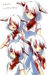 Rule 34 | 1girl, albino, alternate hair length, alternate hairstyle, blood, bracelet, expressions, fang, guro, hair over one eye, highres, injury, jewelry, kushizashi-chan, mikan (ama no hakoniwa), multiple persona, multiple views, red eyes, simple background, spiked bracelet, spikes, white background, white hair