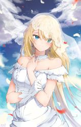 Rule 34 | 1girl, absurdres, bare shoulders, blonde hair, blue eyes, blue sky, blush, bridal veil, cloud, cowboy shot, dress, earrings, g36 (girls&#039; frontline), g36 (pure white cornflower) (girls&#039; frontline), girls&#039; frontline, gloves, hand on own chest, highres, jewelry, long hair, looking at viewer, official alternate costume, ornate ring, petals, rei (9086), ring, rose petals, single glove, sky, smile, solo, strapless, strapless dress, veil, very long hair, wedding dress, wedding ring