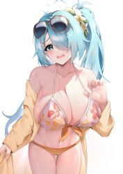 1girl absurdres aqua_hair bikini blue_archive blue_halo breasts cleavage collarbone eyewear_on_head fingernails flower hair_flower hair_ornament hair_over_one_eye halo highres hiyori_(blue_archive) hiyori_(swimsuit)_(blue_archive) huge_breasts looking_at_viewer navel official_alternate_costume open_mouth side_ponytail sijinni simple_background solo sunglasses sweat swimsuit white_background yellow-framed_eyewear