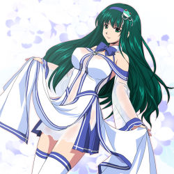 Rule 34 | 1girl, adapted costume, bare shoulders, blue bow, blue bowtie, bow, bowtie, breasts, cowboy shot, detached collar, dutch angle, frog hair ornament, green eyes, green hair, hair ornament, hairband, kochiya sanae, large breasts, long hair, long sleeves, matching hair/eyes, miniskirt, navel, pelvic curtain, see-through, skirt, skirt hold, smile, solo, thighhighs, touhou, white thighhighs, wide sleeves, yamaguchi yuu, zettai ryouiki