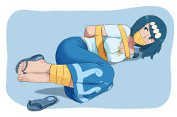 Rule 34 | 1girl, absurdres, arms behind back, bdsm, blue eyes, blue hair, bondage, bound, bound ankles, bound arms, bound wrists, breasts, cleavage, creatures (company), foot focus, freckles, gag, gagged, game freak, highres, improvised gag, lana&#039;s mother (pokemon), lost one zero, mature female, nintendo, pokemon, pokemon (anime), pokemon sm (anime), shoes, unworn shoes, tape, tape bondage, tape gag