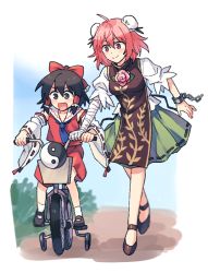 Rule 34 | 2girls, :d, aged down, ahoge, ankle socks, ankle strap, ascot, bandaged arm, bandages, bare shoulders, bicycle, bicycle basket, black footwear, black hair, blouse, blue ascot, blurry, blush, border, bow, brown eyes, bun cover, bush, chain, child, closed mouth, collarbone, collared vest, cuffs, day, depth of field, detached sleeves, dirt road, dot nose, double bun, excited, flower, foreshortening, full body, green skirt, hair between eyes, hair bow, hair bun, hair tubes, hakurei reimu, hands up, happy, ibaraki kasen, long sleeves, looking ahead, looking at another, looking to the side, mary janes, meme, multiple girls, no nose, no socks, nontraditional miko, open mouth, outdoors, outside border, parody request, pink flower, pink hair, pink rose, pleated skirt, puffy short sleeves, puffy sleeves, re ghotion, red bow, red eyes, red skirt, red vest, ribbon-trimmed skirt, ribbon-trimmed sleeves, ribbon trim, riding, riding bicycle, road, rose, shackles, shirt, shoes, short hair, short sleeves, side-by-side, skirt, skirt set, smile, socks, split mouth, tabard, touhou, training wheels, v-shaped eyebrows, vest, walking, white border, white legwear, white shirt, white sleeves, wide sleeves, yin yang