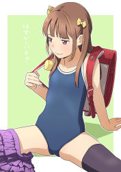 Rule 34 | 1girl, arm support, backpack, bag, blue one-piece swimsuit, blush, bow, brown hair, closed mouth, female focus, flat chest, hair bow, hiyori mizuki, one-piece swimsuit, original, randoseru, school swimsuit, sitting, skirt, skirt around one leg, solo, swimsuit, two side up, yellow bow
