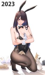 Rule 34 | 1girl, 2023, absurdres, animal ears, black bow, black bowtie, black hair, black leotard, black pantyhose, blue eyes, bow, bowtie, breasts, cleavage, commentary request, detached collar, highres, large breasts, legs, leotard, long hair, looking at viewer, mixed-language commentary, nanashi67, new year, original, pantyhose, playboy bunny, rabbit, rabbit ears, simple background, strapless, strapless leotard, too many, too many rabbits, white background, wrist cuffs