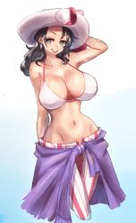 Rule 34 | 1girl, absurdres, alvida (one piece), aqua eyes, arm behind head, bikini, bikini top only, black hair, breasts, cleavage, cropped legs, earrings, hat, highres, jewelry, large breasts, long hair, navel, necklace, one piece, pants, quanero, simple background, sketch, smile, solo, striped clothes, striped pants, swimsuit, vertical-striped clothes, vertical-striped pants