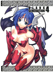 Rule 34 | 1girl, absurdres, armor, bare shoulders, blue eyes, blue hair, boots, breasts, cleavage, demon tail, demon wings, elbow gloves, gauntlets, gloves, highres, horns, kneeling, maebari, matching hair/eyes, matsuryuu, navel, pointy ears, revealing clothes, short hair, solo, sword, tail, thigh boots, thighhighs, weapon, wings