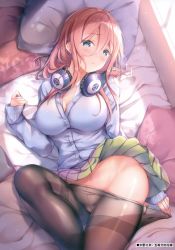 Rule 34 | 1girl, absurdres, bed, bed sheet, blue cardigan, blue eyes, blush, breasts, cardigan, cleavage, closed mouth, commentary request, go-toubun no hanayome, hair between eyes, headphones, headphones around neck, highres, indoors, large breasts, long hair, long sleeves, looking at viewer, lying, nakano miku, on back, pantyhose, pillow, pink hair, shiny skin, shirakawako, shirt, skirt, solo, thighs, undressing, white shirt