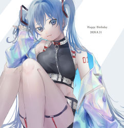 Rule 34 | 1girl, absurdly long hair, anniversary, aqua eyes, aqua hair, artist name, artist request, bare legs, bare shoulders, bbpandaqq, belt, black pants, black shirt, blue eyes, blue hair, breasts, collar, female focus, hatsune miku, highres, jacket, knees up, legs up, long hair, medium breasts, number tattoo, open clothes, open jacket, pants, playing with own hair, pndusg103, shirt, shoulder tattoo, solo, tattoo, twintails, very long hair, vocaloid, white background, white belt, white collar, white jacket