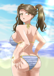 Rule 34 | 1girl, artist request, ass, ass grab, bare shoulders, bikini, blush, breasts, brown eyes, brown hair, butt crack, deep skin, from behind, gundam, gundam build fighters, gundam build fighters try, highres, huge ass, large breasts, long hair, looking back, looking down, nail polish, open mouth, sazaki kaoruko, shiny clothes, shiny skin, sideboob, solo, swimsuit, twintails