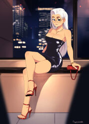 Rule 34 | 1girl, :3, artist name, bag, bare shoulders, black dress, blue eyes, blush, breasts, cleavage, commentary, crossed legs, dress, english commentary, feet, full body, glasses, handbag, high heels, highres, indoors, june (squeezable), large breasts, legs, long hair, looking at viewer, mole, mole on breast, mole under eye, nail polish, night, original, red footwear, round eyewear, shiny clothes, short dress, sitting, skyline, smile, solo, squeezable (artist), stiletto heels, strapless, strapless dress, strappy heels, thick eyebrows, toeless legwear, toenail polish, toenails, toes, tube dress, white hair, white nails, window, yellow-framed eyewear
