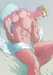 Rule 34 | 1boy, abs, arm tattoo, artist name, bara, bed, bed sheet, blonde hair, closed mouth, dream daddy: a dad dating simulator, evinist, finger to mouth, highres, index finger raised, joseph (dream daddy), joseph christiansen, large pectorals, looking at viewer, lying, male focus, mature male, muscular, muscular male, naked sheet, navel, nipples, on back, on bed, pectorals, pillow, short hair, shushing, smile, solo, tattoo, thick thighs, thighs