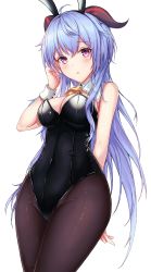 Rule 34 | 1girl, absurdres, animal ears, arm behind back, bell, black pantyhose, blue hair, blush, breasts, cleavage, covered navel, cowbell, detached collar, fake animal ears, ganyu (genshin impact), genshin impact, goat horns, hand up, head tilt, highres, horns, legs together, leotard, long hair, looking at viewer, medium breasts, neon (hhs9444), pantyhose, parted bangs, pink eyes, playboy bunny, rabbit ears, simple background, solo, white background
