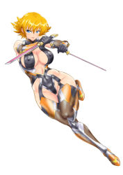 Rule 34 | 1girl, artist request, bare shoulders, blonde hair, blue eyes, blush, bodysuit, breasts, cleavage cutout, clothing cutout, covered navel, curvy, dual wielding, full body, gloves, highleg, highleg leotard, holding, igawa sakura, jumping, large breasts, leotard, lips, looking at viewer, revealing clothes, shiny skin, short hair, simple background, skin tight, solo, taimanin (series), taimanin asagi, taimanin rpgx, taimanin suit, thighhighs, white background