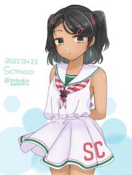 Rule 34 | 1girl, black eyes, black hair, bobokuboboku, character name, cowboy shot, dated, dress, kantai collection, looking at viewer, low-cut armhole, mole, mole under eye, neckerchief, one-hour drawing challenge, sailor collar, sailor dress, scirocco (kancolle), short hair, sleeveless, sleeveless dress, solo, striped neckerchief, tan, twitter username, two side up, white sailor collar