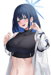 Rule 34 | 1girl, :d, absurdres, bare shoulders, black shirt, blue archive, blue eyes, blue hair, blush, breasts, coat, commentary, crop top, hands up, highres, large breasts, long hair, mea (hwaksal), midriff, navel, no headwear, off shoulder, open clothes, open coat, open mouth, saori (blue archive), shirt, sleeveless, sleeveless shirt, smile, solo, stomach, upper body, white coat