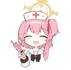 Rule 34 | 1girl, absurdres, blue archive, blush, facing viewer, feathers, halo, haramaki (haranomaki), hat, highres, holding, holding syringe, long sleeves, medium hair, nurse cap, one side up, open mouth, pink hair, sailor collar, serina (blue archive), simple background, smile, solo, syringe, upper body, white background, white hat, white sailor collar, yellow halo