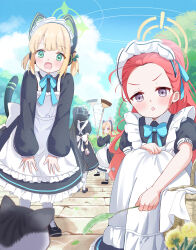 Rule 34 | 4girls, absurdly long hair, animal, animal ear headphones, animal ears, apron, aris (blue archive), aris (maid) (blue archive), black dress, black footwear, black hair, blonde hair, blue archive, blush, cat, day, dress, fake animal ears, frilled apron, frilled dress, frills, game development department (blue archive), green eyes, green halo, halo, headphones, highres, long hair, maid, maid apron, maid headdress, midori (blue archive), midori (maid) (blue archive), mikumiku37, momoi (blue archive), momoi (maid) (blue archive), multiple girls, official alternate costume, open mouth, orange halo, outdoors, pantyhose, pink halo, ponytail, puffy short sleeves, puffy sleeves, purple eyes, red eyes, red hair, shoes, short hair, short sleeves, siblings, sisters, smile, twins, very long hair, white apron, white pantyhose, yuzu (blue archive), yuzu (maid) (blue archive)