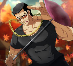 Rule 34 | 1boy, adam&#039;s apple, autumn leaves, black eyes, black hair, black shirt, blurry, blurry background, chain necklace, collarbone, day, facial hair, food, highres, human bug daigaku, jewelry, muscular, muscular male, mustache, necklace, outdoors, roasted sweet potato, shirt, solo, standing, stubble, sunglasses, sweet potato, tongue, tongue out, upper body, zeff ozaki