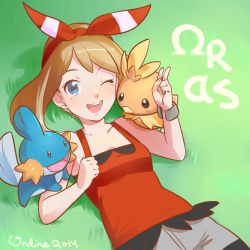 Rule 34 | 10s, 1girl, artist name, blue eyes, bracelet, collarbone, commentary, creatures (company), dated, game freak, gen 3 pokemon, grass, hair ribbon, highres, jewelry, light brown hair, looking at viewer, lying, may (pokemon), mega pokemon, mega ring, mudkip, nintendo, omega symbol, one eye closed, pokemon, pokemon (creature), pokemon oras, ribbon, roarke (lavenderincubus), torchic, v
