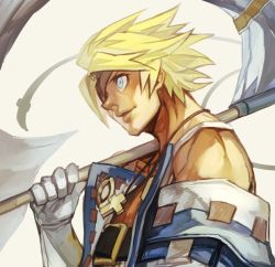 Rule 34 | 1boy, arc system works, blonde hair, eyepatch, gloves, guilty gear, hungry clicker, jewelry, male focus, midriff, necklace, over shoulder, polearm, sin kiske, solo, weapon, weapon over shoulder, white gloves