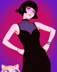 1girl armpits bare_shoulders black_bracelet black_dress bob_cut bracelet breasts bright_pupils cat cleavage closed_mouth collarbone commentary cowboy_shot dress flipped_hair glasses gradient_background hands_on_own_hips head_tilt highres ilya_kuvshinov jewelry light_smile lips lisa_(ilya_kuvshinov) looking_afar looking_ahead looking_at_another looking_to_the_side medium_breasts nose original peeking_out pink-framed_eyewear pink_lips potato_(ilya_kuvshinov) purple_background purple_eyes rectangular_eyewear red_background see-through see-through_cleavage short_hair sleeveless sleeveless_dress smile solo watch wristwatch