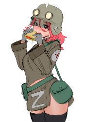 +_+ 1girl absurdres bag black_thighhighs blush buhanka-chan colored_skin cross drawfag eating face_shield food from_side gloves green_bag grey_gloves hat helmet highres holding holding_food jacket long_hair long_sleeves looking_at_viewer midriff midriff_peek military military_hat military_jacket military_uniform original pink_hair pouch red_cross red_eyes russo-ukrainian_war sandwich solo symbol-shaped_pupils thighhighs transparent_background upper_body white_skin z_(russian_symbol) zettai_ryouiki