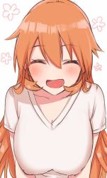 Rule 34 | 1girl, blush, breasts, charlotte e. yeager, closed eyes, commentary request, covered erect nipples, emirio (emirio110), large breasts, long hair, looking at viewer, open mouth, orange hair, shirt, simple background, solo, strike witches, upper body, very long hair, white background, white shirt, world witches series
