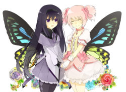 Rule 34 | 10s, 2girls, ^ ^, akemi homura, black hair, black pantyhose, blue flower, blue rose, bow, bubble skirt, butterfly wings, chker, choker, closed eyes, floral background, flower, gloves, hair bow, holding hands, insect wings, kakizato, kaname madoka, lace, lace-trimmed skirt, lace trim, long hair, magical girl, mahou shoujo madoka magica, mahou shoujo madoka magica (anime), miniskirt, multicolored wings, multiple girls, open mouth, pantyhose, pink hair, pleated skirt, purple eyes, purple skirt, red flower, red rose, rose, short hair, skirt, smile, twintails, white gloves, wings