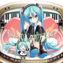 Rule 34 | 2girls, :d, bare shoulders, black legwear, blue eyes, blush, boots, detached sleeves, dual persona, hachune miku, hair ornament, hatsune miku, highres, holding, instrument, long hair, looking at viewer, multiple girls, necktie, norita, o o, open mouth, piano, sitting, skirt, smile, spring onion, thigh boots, thighhighs, twintails, very long hair, vocaloid