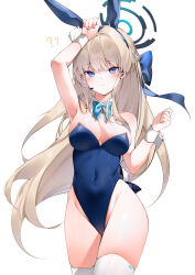 Rule 34 | 1girl, ?, ??, animal ears, arm up, armpits, bare arms, bare shoulders, blonde hair, blue archive, blue eyes, blue hairband, blue leotard, blush, breasts, cleavage, closed mouth, commentary, covered navel, cowboy shot, detached collar, fake animal ears, fake tail, hair ornament, hairband, halo, highres, large breasts, leotard, looking at viewer, md5 mismatch, official alternate costume, playboy bunny, rabbit ears, rabbit tail, resolution mismatch, sideboob, simple background, solo, source smaller, tail, thighhighs, thighs, toki (blue archive), toki (bunny) (blue archive), white background, white thighhighs, wrist cuffs, yukineko1018