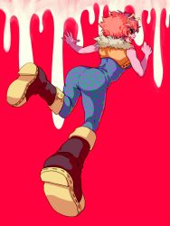 Rule 34 | 10s, 1girl, ashido mina, black sclera, bodysuit, boku no hero academia, boots, colored sclera, colored skin, cropped jacket, fur trim, horns, killuaz1130, looking back, open mouth, pink hair, pink skin, red background, short hair, simple background, solo, yellow eyes