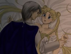 Rule 34 | 1990s (style), 1boy, 1girl, bare shoulders, bed sheet, bishoujo senshi sailor moon, bishoujo senshi sailor moon r, blonde hair, blue eyes, blush, cape, double bun, dress, earrings, facial mark, forehead mark, holding another&#039;s wrist, jewelry, long hair, looking at another, lying, on back, open mouth, prince, prince demande, retro artstyle, silver hair, strapless, strapless dress, tsukino usagi, twintails, white dress