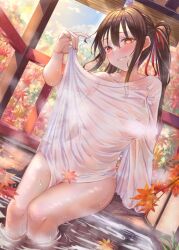 Rule 34 | 1girl, autumn leaves, blush, breasts, censored, clock eyes, commentary request, date a live, day, grin, hair ribbon, heterochromia, kinom (sculpturesky), leaf, long hair, looking at viewer, medium breasts, naughty face, onsen, partially submerged, red eyes, ribbon, seductive smile, see-through, sitting, smile, solo, symbol-shaped pupils, teeth, thighs, tokisaki kurumi, twintails, water, wet, wet clothes, yellow eyes