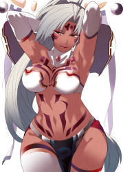 Rule 34 | 1girl, aiba-tsukiko, alternate color, armpits, arms behind head, bare shoulders, breast tattoo, detached sleeves, eretzvaju, facial tattoo, gem, grey hair, halterneck, halterneck, ihadurca, long hair, looking at viewer, navel, pelvic curtain, ponytail, red lips, revealing clothes, shoulder pads, solo, stomach tattoo, tattoo, thighhighs, very long hair, yin yang