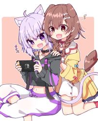 Rule 34 | +++, 2girls, :d, animal ears, blush, brown hair, cat ears, cat girl, cat tail, commentary, dog ears, dog girl, dog tail, extra ears, fang, handheld game console, hands on another&#039;s shoulders, holding, holding handheld game console, hololive, inugami korone, inugami korone (1st costume), multiple girls, musical note, nekomata okayu, nekomata okayu (1st costume), nintendo switch, open mouth, playing games, purple hair, rabiiandrain, skin fang, smile, spoken musical note, tail, virtual youtuber