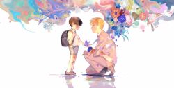 Rule 34 | 2boys, age difference, aged down, azexal, black bag, black hair, blonde hair, bowl cut, bug, business suit, butterfly, butterfly sitting, flower, formal, giving, hair over eyes, highres, insect, kageyama shigeo, long sleeves, mob psycho 100, multicolored background, multiple boys, on one knee, reigen arataka, shadow, shirt, short hair, short sleeves, shorts, sitting, socks, suit, white shirt, white socks