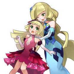 Rule 34 | 2girls, ;d, alternate costume, bare shoulders, blonde hair, blue dress, blush, commentary request, creatures (company), dress, elbow gloves, eyelashes, game freak, gloves, green eyes, hair ornament, hairband, hands on another&#039;s shoulders, highres, lillie (anniversary 2021) (pokemon), lillie (pokemon), long hair, lusamine (pokemon), lusamine (sygna suit) (pokemon), mother and daughter, multiple girls, ni-jo, nintendo, official alternate costume, one eye closed, open mouth, pink dress, pokemon, pokemon masters ex, smile, teeth, tongue, upper teeth only, white gloves