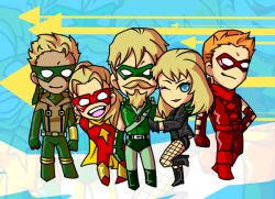 Rule 34 | 2boys, 2girls, arrow (projectile), black canary, blonde hair, blue eyes, bow (weapon), cape, connor hawke, dark skin, dc comics, domino mask, facial hair, family, father and son, fishnets, green arrow, green arrow (series), husband and wife, image sample, mask, mia dearden, multiple boys, multiple girls, mustache, oliver queen, orange hair, pixiv sample, red arrow, resized, roy harper, smile, speedy, weapon, wink
