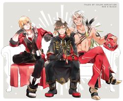 Rule 34 | 10s, 3boys, alternate color, blue eyes, boots, brown hair, coat, couch, dark-skinned male, dark skin, eizen (tales), feathers, frown, gotou (pixiv37128), grey background, grin, hat, crossed legs, male focus, multiple boys, muscular, navel, open clothes, open coat, own hands together, red eyes, sitting, smile, sorey (tales), tales of (series), tales of berseria, tales of zestiria, tattoo, topless male, zaveid (tales)