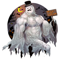 Rule 34 | 1boy, artist name, bara, bulge, english text, erection, erection under clothes, ghost, ghost costume, halloween, halloween costume, hat, highres, holding, holding sign, large pectorals, looking at viewer, male focus, muscular, muscular male, original, pectorals, rybiok, sign, solo, trick or treat