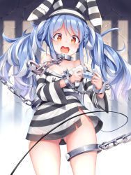 Rule 34 | 1girl, animal ear fluff, animal ears, bare shoulders, blue hair, chain, collar, collarbone, controller, cuffs, dress, food-themed hair ornament, game controller, gluteal fold, hair ornament, highres, hololive, long hair, looking at viewer, mogmog, multicolored hair, no panties, off-shoulder dress, off shoulder, open mouth, playing games, prison clothes, rabbit ears, rabbit girl, short dress, short eyebrows, solo, striped clothes, striped dress, thick eyebrows, torn clothes, torn dress, twintails, two-tone hair, usada pekora, usada pekora (prisoner), virtual youtuber, white hair