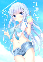Rule 34 | 1girl, :q, text background, blue eyes, blue hair, blue ribbon, blue shorts, blue sky, blush, closed mouth, cloud, commentary request, crop top, day, denim, denim shorts, dutch angle, food, gochuumon wa usagi desu ka?, hair between eyes, hair ornament, hands up, highres, holding, index finger raised, kafuu chino, kouda suzu, long hair, looking at viewer, navel, open clothes, open fly, open shorts, outdoors, pocky, ribbon, shirt, short shorts, short sleeves, shorts, sidelocks, sky, smile, solo, thigh gap, tongue, tongue out, translation request, very long hair, white shirt, x hair ornament
