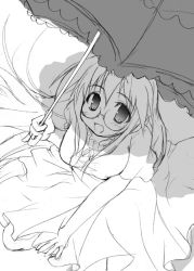 Rule 34 | 00s, 1girl, :d, dress, from above, glasses, greyscale, looking at viewer, looking up, lucky star, monochrome, open mouth, puffy short sleeves, puffy sleeves, short sleeves, sitting, sketch, smile, solo, takara miyuki, tekehiro, umbrella