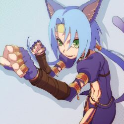 Rule 34 | 1girl, animal ears, blue hair, cat ears, cat tail, collar, fingerless gloves, gloves, green eyes, highres, kaien advance, long hair, looking at viewer, low twintails, meracle chamlotte, navel, open mouth, simple background, smile, solo, star ocean, star ocean the last hope, tail, thighhighs, twintails