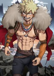 Rule 34 | 1boy, arm tattoo, bakugou katsuki, belt, blonde hair, boku no hero academia, cape, cloud, cloudy sky, ear piercing, elbow sleeve, fur-trimmed cape, fur trim, jewelry, male focus, mountain, muscular, muscular male, necklace, nipples, official alternate costume, pants, pectorals, piercing, red eyes, short hair, sky, solo, spiked hair, standing, suyohara, tattoo, topless male