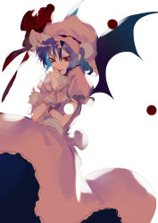 Rule 34 | 1girl, absurdres, bat wings, blue hair, bow, dress, fang, hand to own mouth, hat, hat bow, highres, mob cap, pink dress, puffy short sleeves, puffy sleeves, red eyes, remilia scarlet, short sleeves, simple background, smile, solo, tian (my dear), touhou, wings