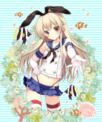 Rule 34 | 1girl, anchor, anchor hair ornament, black hairband, black panties, blonde hair, blue skirt, blush, butterflyfish, clownfish, coral, crop top, elbow gloves, fish, gloves, hair ornament, hairband, highleg, highleg panties, innertube, kantai collection, lifebuoy, long hair, looking at viewer, microskirt, midriff, navel, outstretched arm, panties, reaching, reaching towards viewer, sailor collar, school uniform, shigunyan, shimakaze (kancolle), skirt, solo, striped background, striped clothes, striped thighhighs, swim ring, thighhighs, tropical fish, underwear, white gloves, yellow eyes